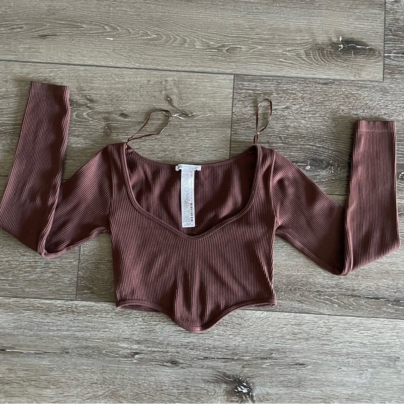 Zara Seamless Corset Top Long Sleeve Ribbed Brown Size XS-S‎ - Picture 1 of 4